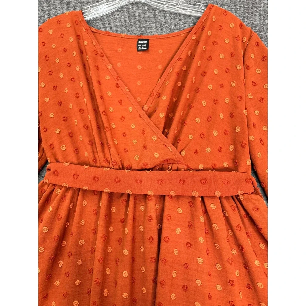Shein Womens Sz M Rust Orange Long Sleeve Maxi Dress Swiss Dot Belted Tiered - Picture 2 of 11
